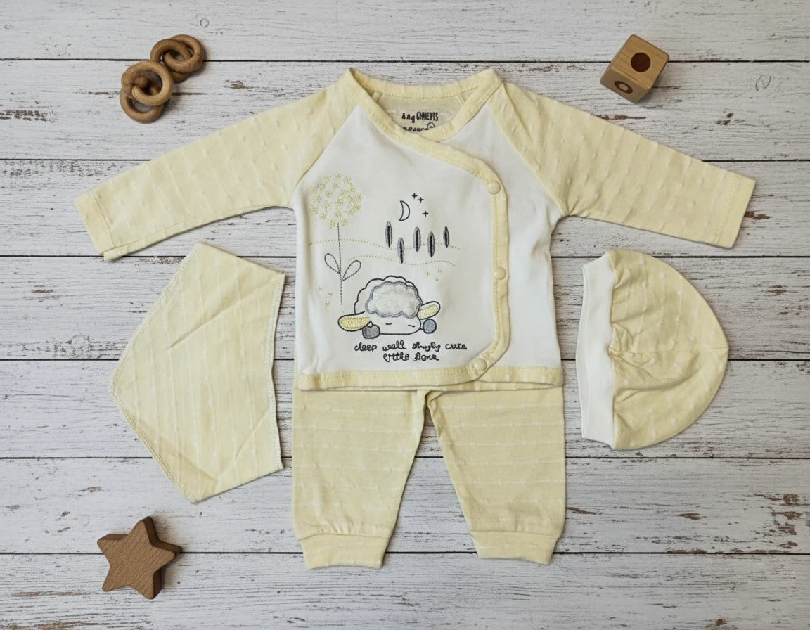 4 Pieces Lime Yellow Premium Soft Cotton Embroidered Baby Set