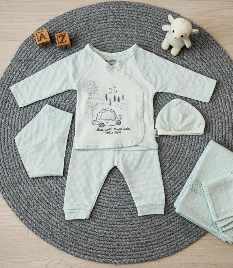 4 Pieces Sky Blue Premium Soft Cotton Embroidered Baby Set