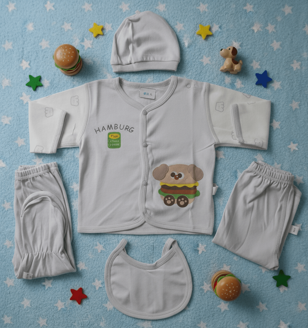 5 Pieces Silver Grey Imported Baby Set with Hamburger Dog Print