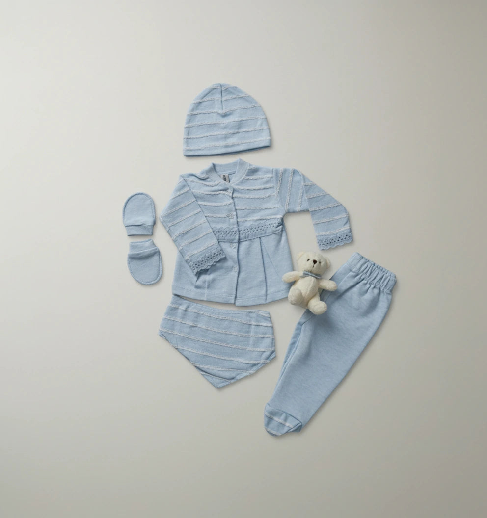 5 Pieces Sky Blue Premium Cotton new born Outfit Set