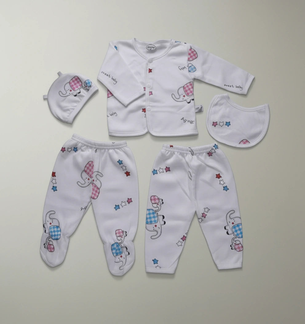 5 Pieces White "Elephant" Print Premium Cotton Baby Set