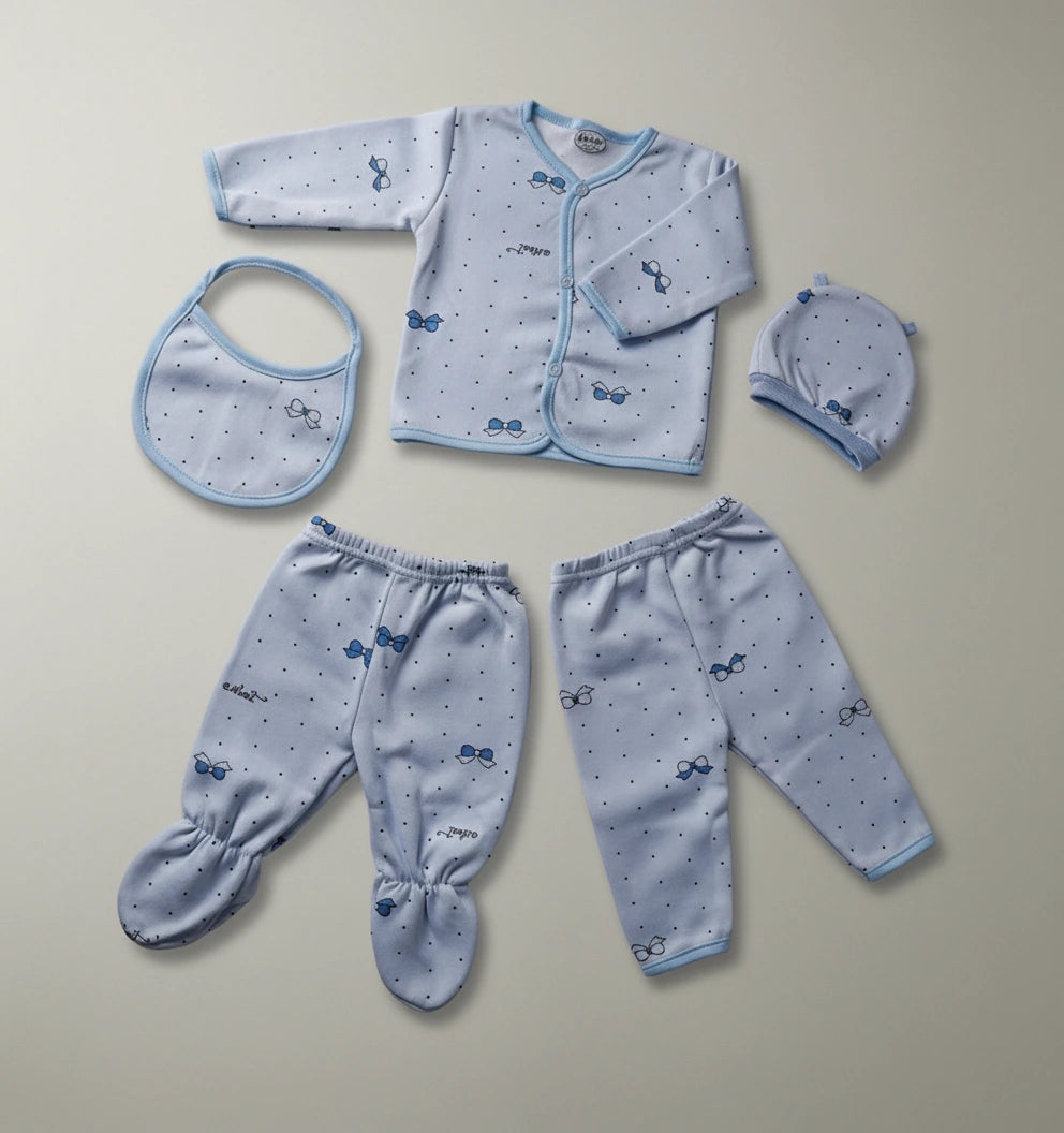 5 Pieces Blue Polka Dot Baby Set - Ultra Soft and Breathable Cotton