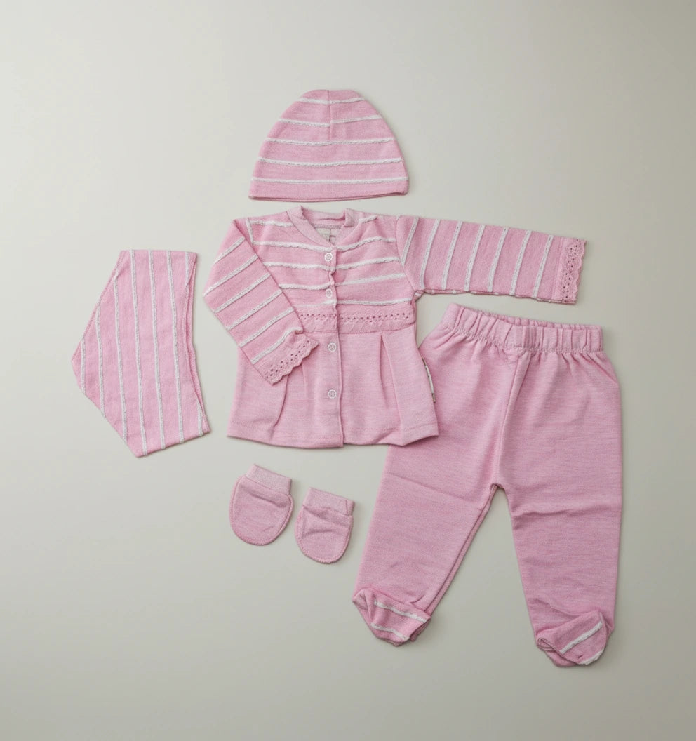 5 Pieces Baby Pink Premium Cotton New born Outfit Set