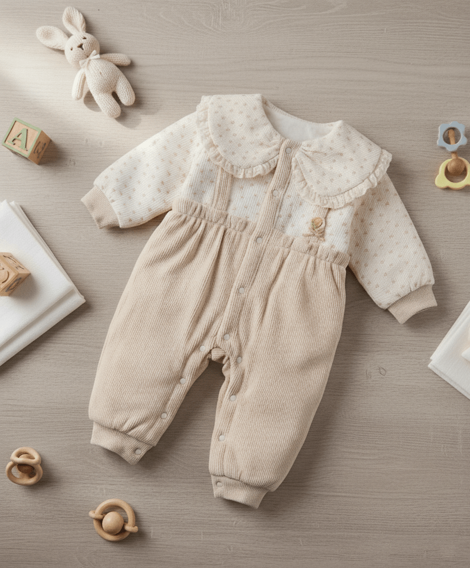 Girl's Adorable Ruffled Cream & Beige Imported Baby Romper