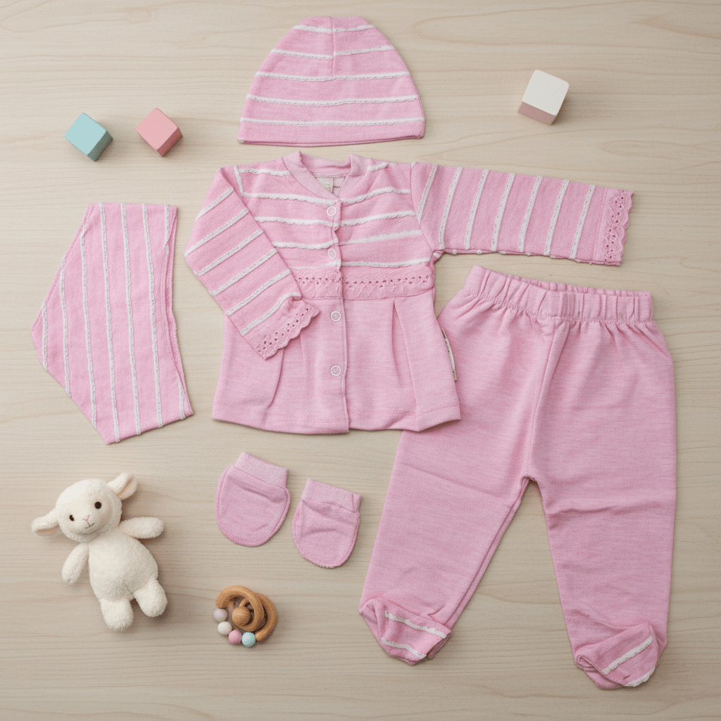 5 Pieces Baby Pink Premium Cotton New born Outfit Set