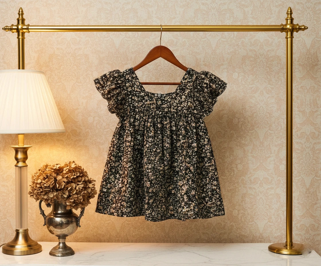 Luxury Flutter-Sleeve Vintage Floral Sun Dress