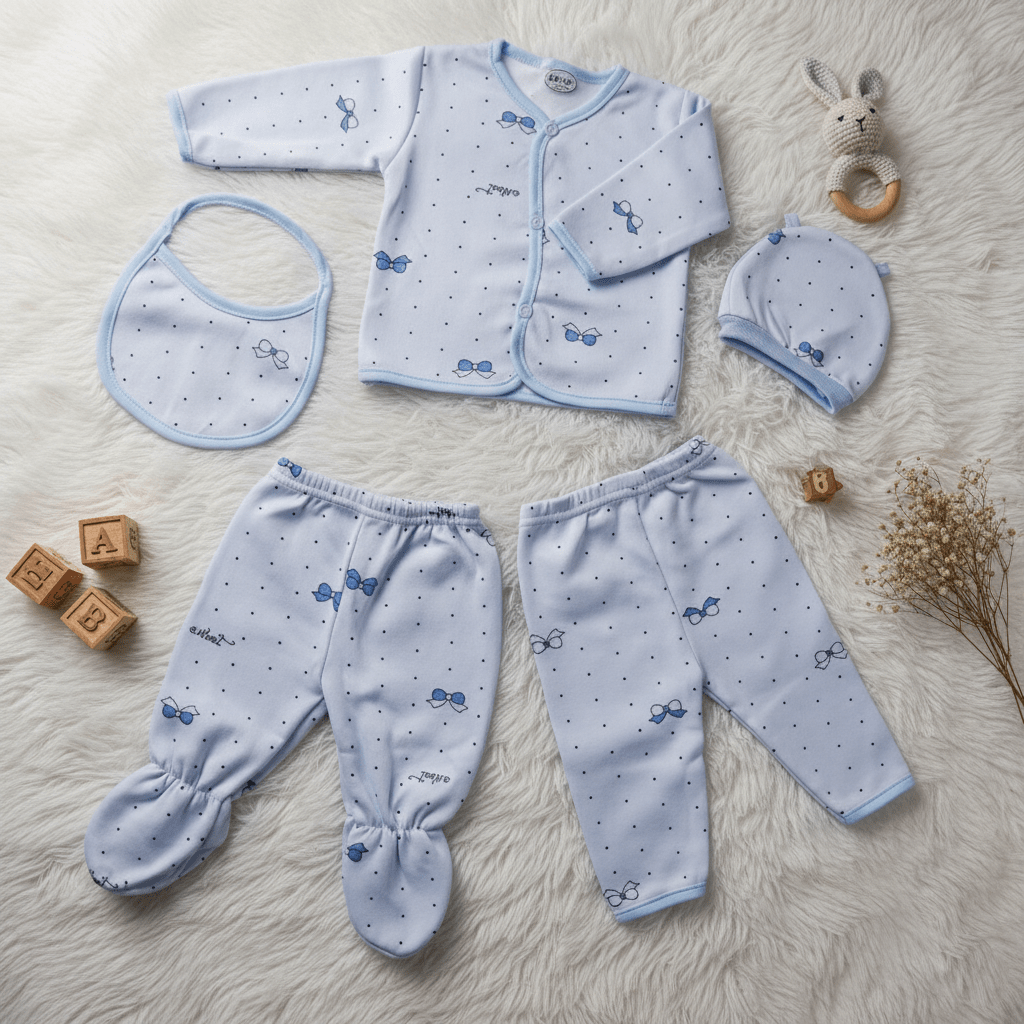 5 Pieces Blue Polka Dot Baby Set - Ultra Soft and Breathable Cotton