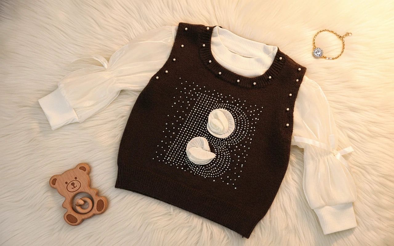 Chocolate & Cream 3-Piece Ensemble with Pearl Accents and Floral "B" Motif