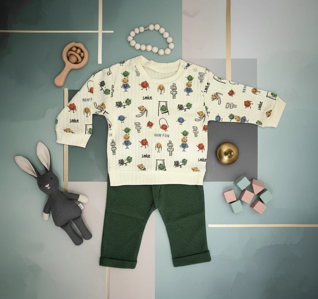 Cartoon-Printed Quilted Cotton Toddler Set in Beige & Green