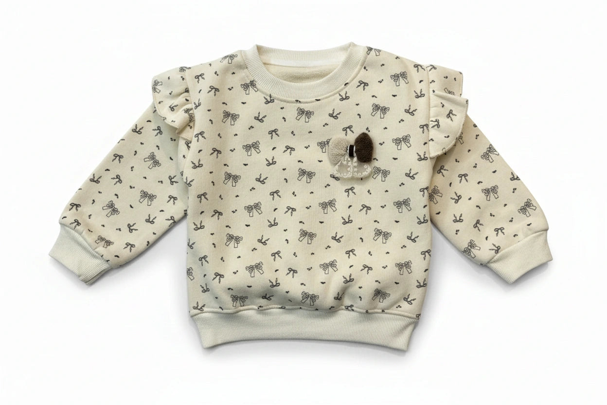 Chic Bow Print Fleece: Ruffle Shoulder Sweatshirt & Cocoa Jogger Set