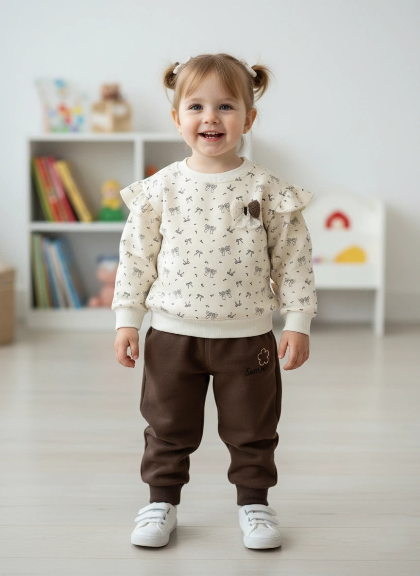 Chic Bow Print Fleece: Ruffle Shoulder Sweatshirt & Cocoa Jogger Set
