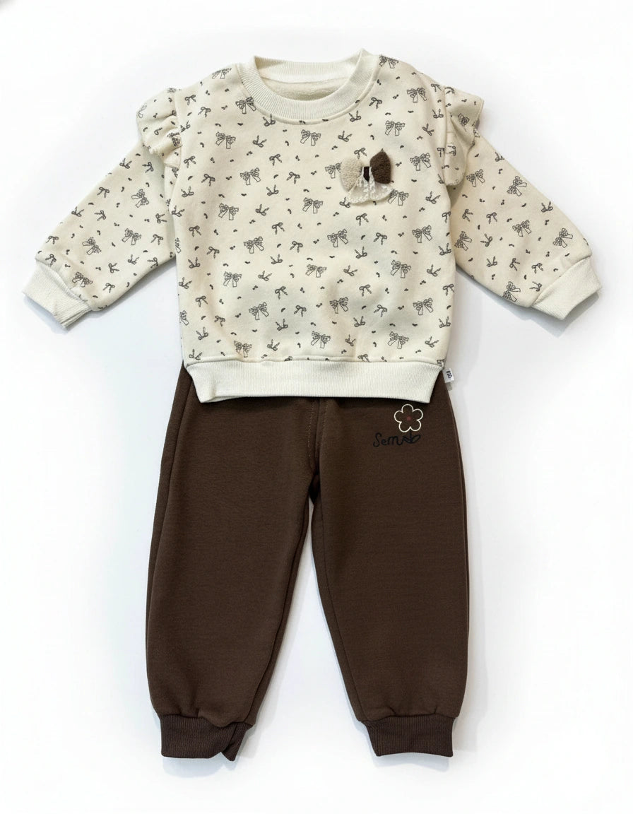 Chic Bow Print Fleece: Ruffle Shoulder Sweatshirt & Cocoa Jogger Set