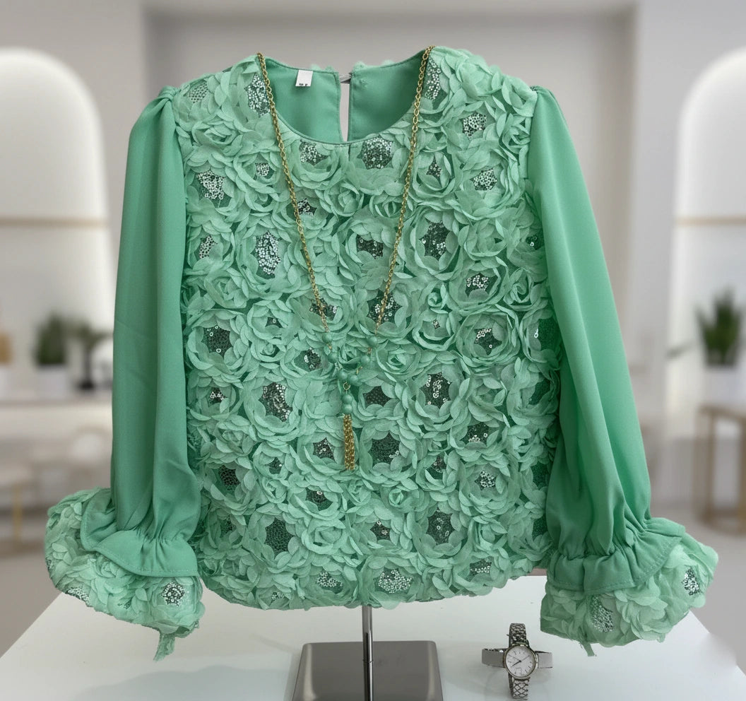 Couture Mint Bloom: Rosette Embellished Top & Fluid Pleated Palazzo Set