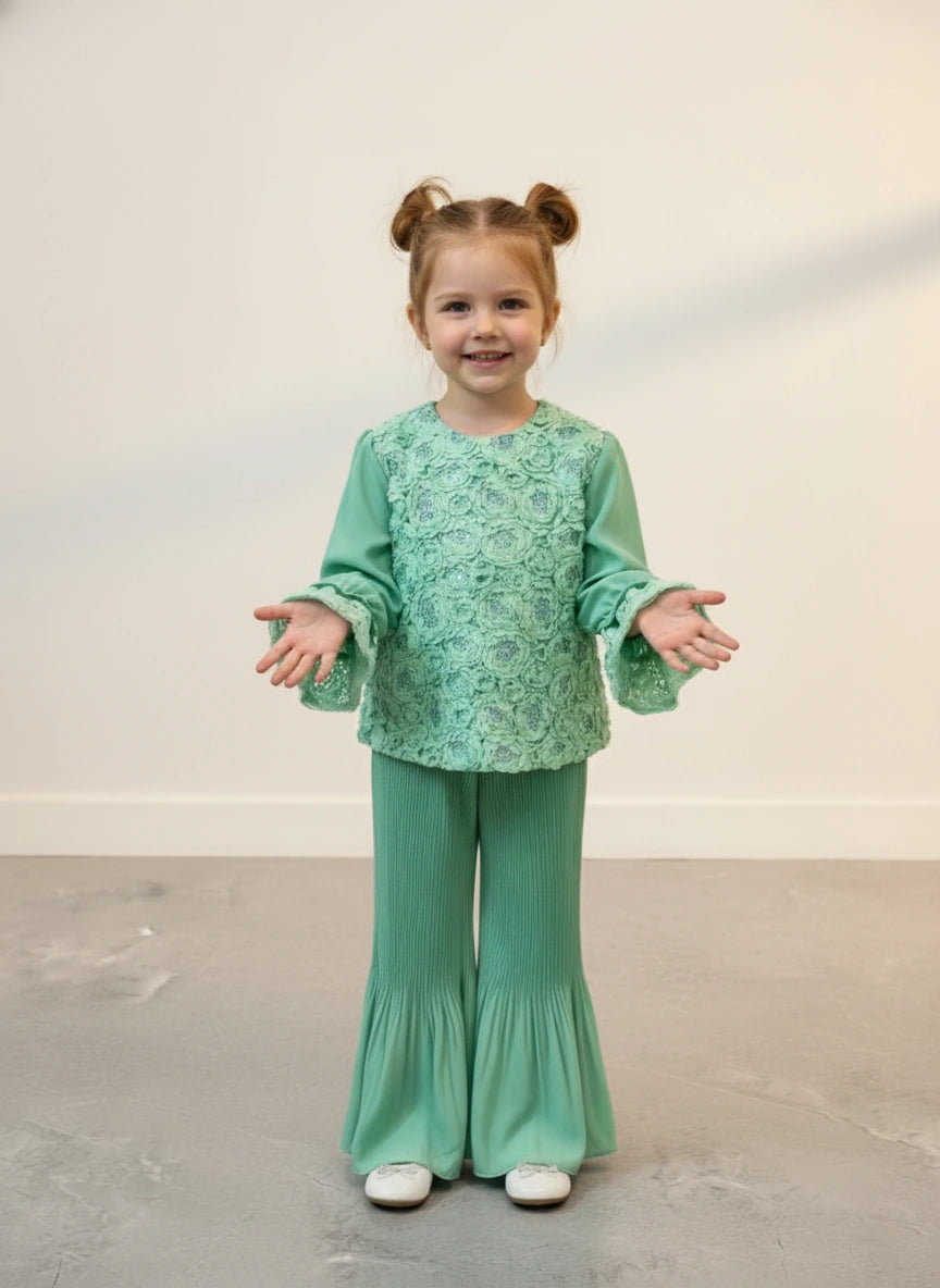 Couture Mint Bloom: Rosette Embellished Top & Fluid Pleated Palazzo Set