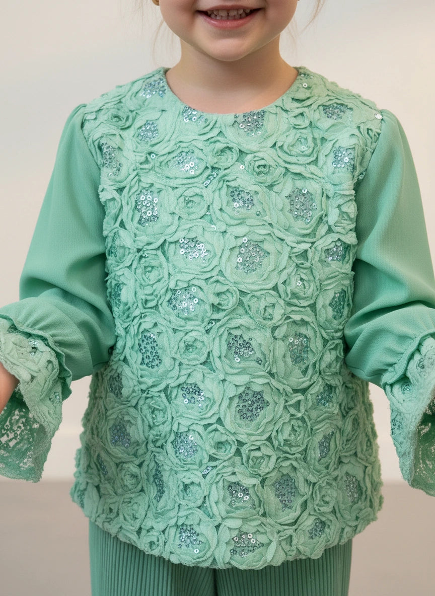 Couture Mint Bloom: Rosette Embellished Top & Fluid Pleated Palazzo Set