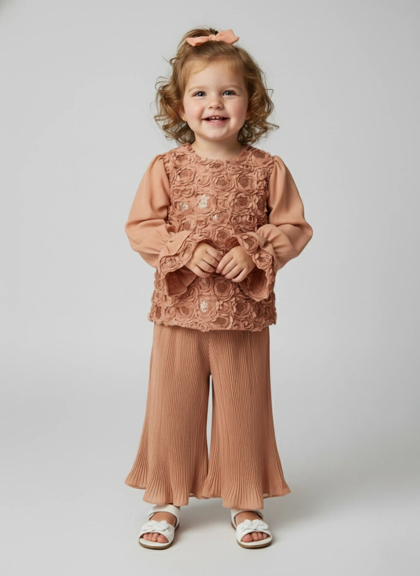 Couture Rose Petal Perfection: Rosette Embellished Top & Fluid Pleated Palazzo Set