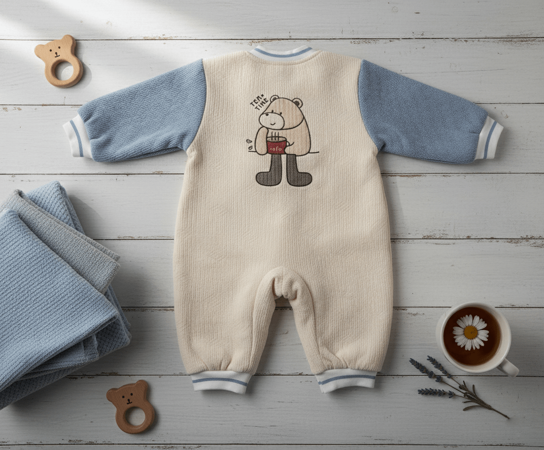 Cute Bear Beige & Blue Imported Baby Romper-Soft Wool Fabric