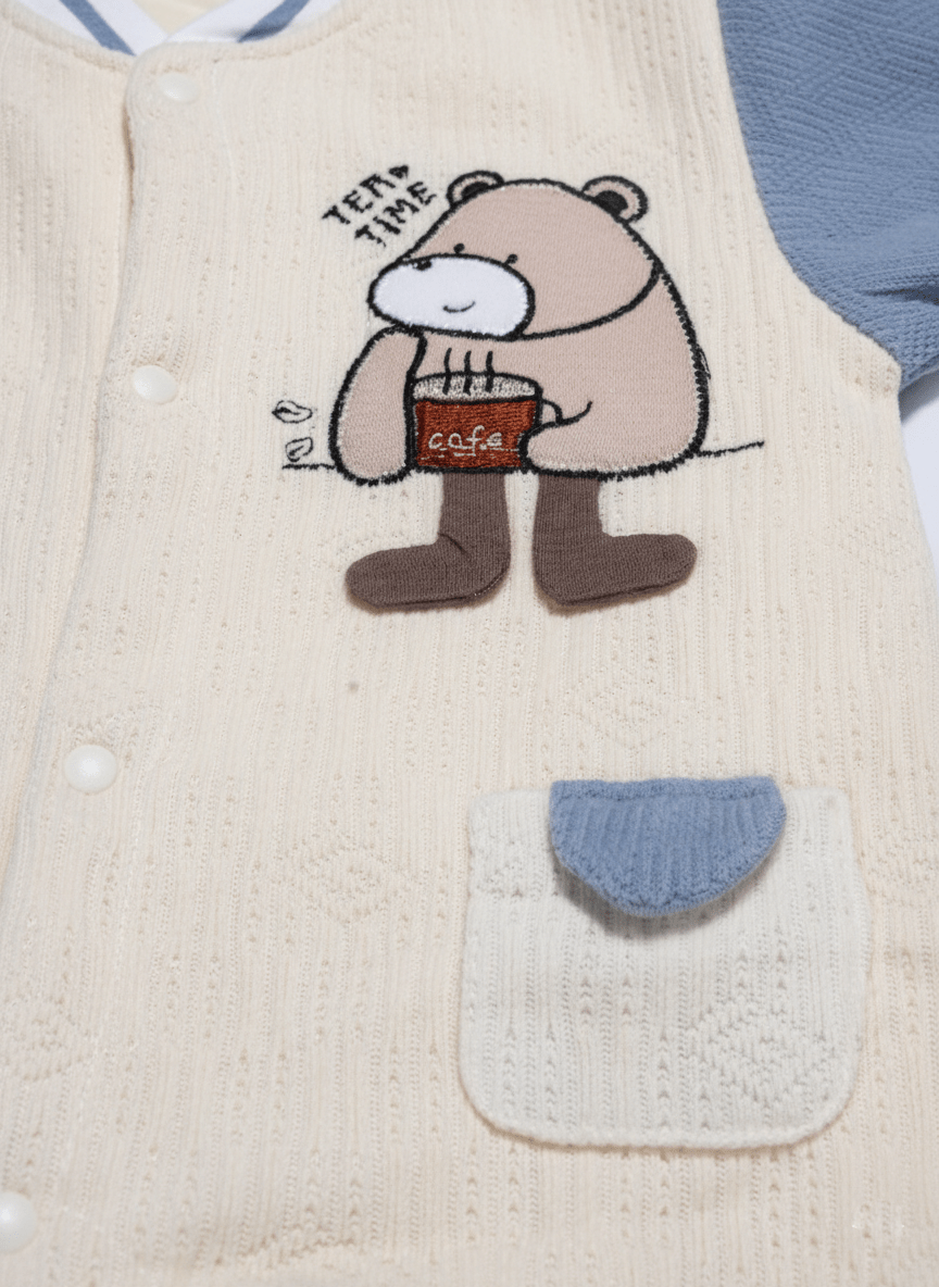 Cute Bear Beige & Blue Imported Baby Romper-Soft Wool Fabric