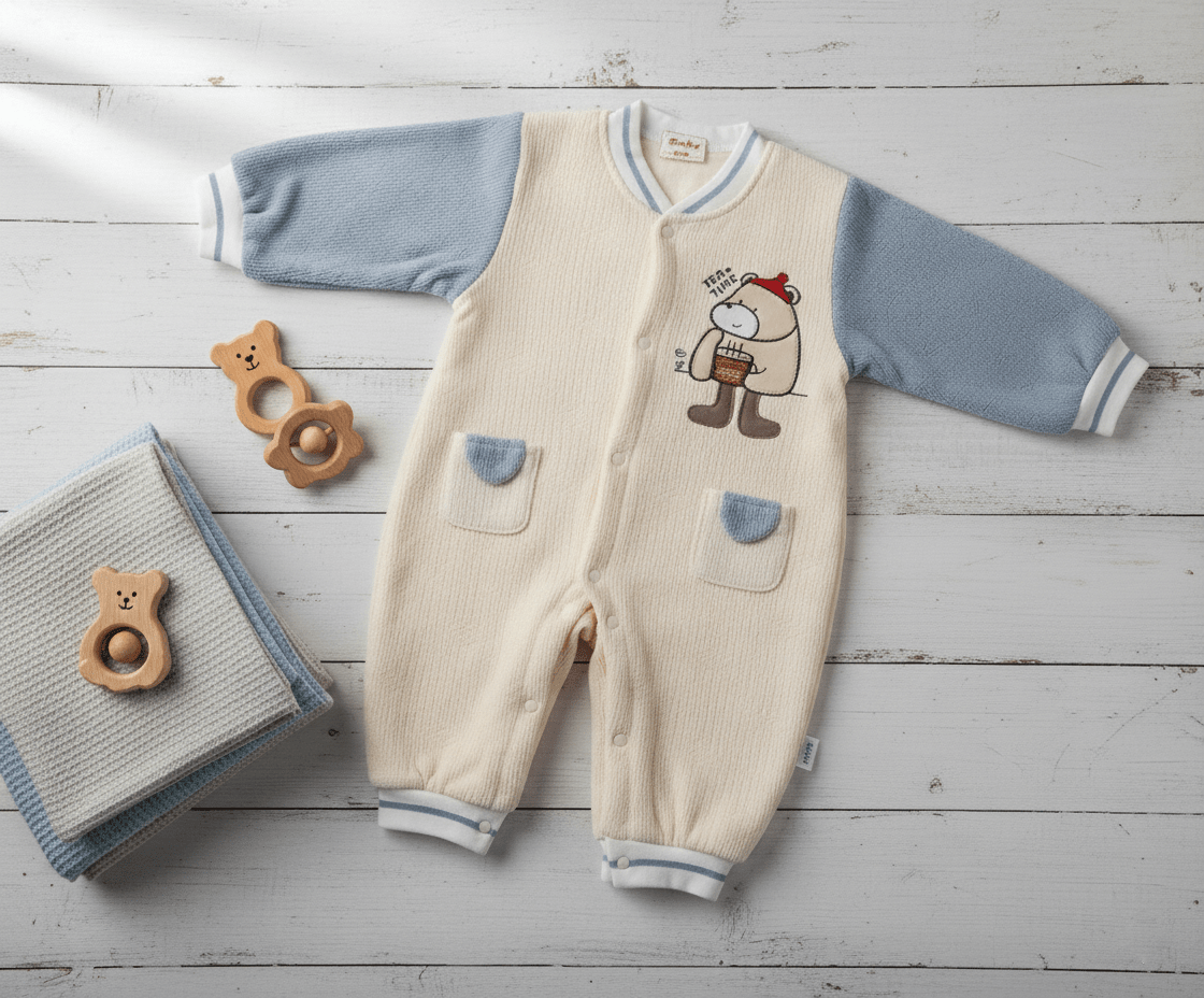 Cute Bear Beige & Blue Imported Baby Romper-Soft Wool Fabric