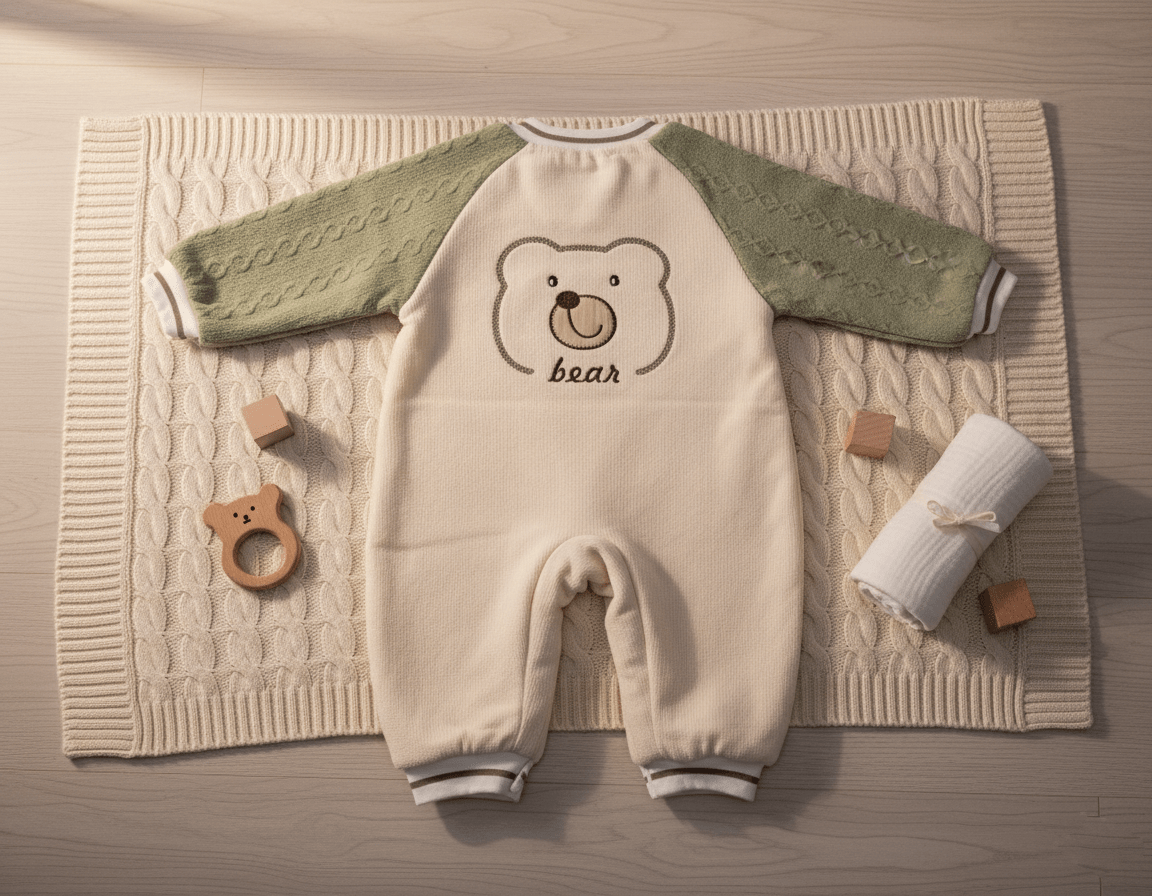 Cute Bear Beige & Green Imported Baby Romper-Soft Wool Fabric