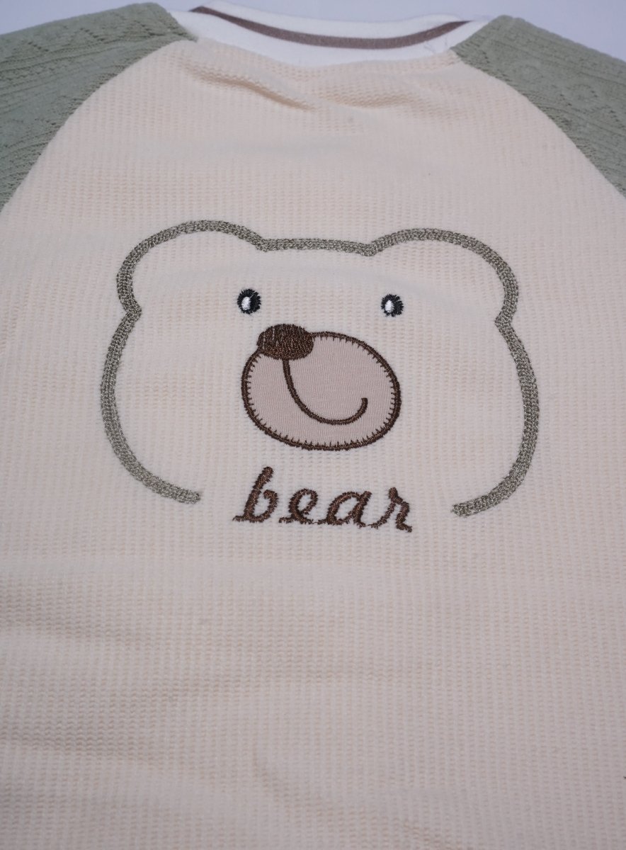 Cute Bear Beige & Green Imported Baby Romper-Soft Wool Fabric