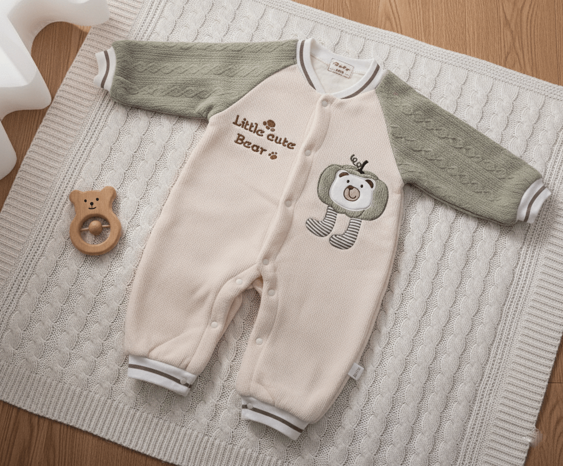 Cute Bear Beige & Green Imported Baby Romper-Soft Wool Fabric