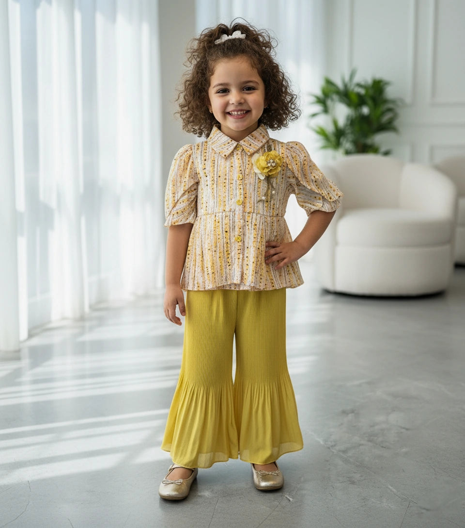 Designer Daisy Delight: Peplum Blouse & Sunburst Pleated Palazzo Set