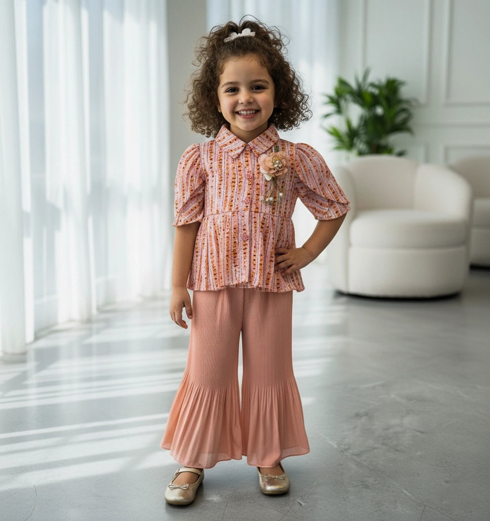 Designer Peach Bloom: Peplum Blouse & Sunset Pleated Palazzo Set