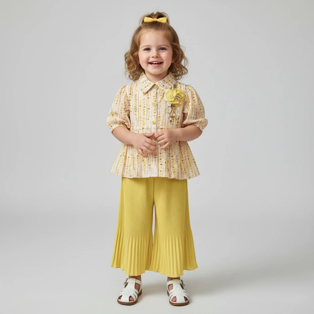 Designer Daisy Delight: Peplum Blouse & Sunburst Pleated Palazzo Set