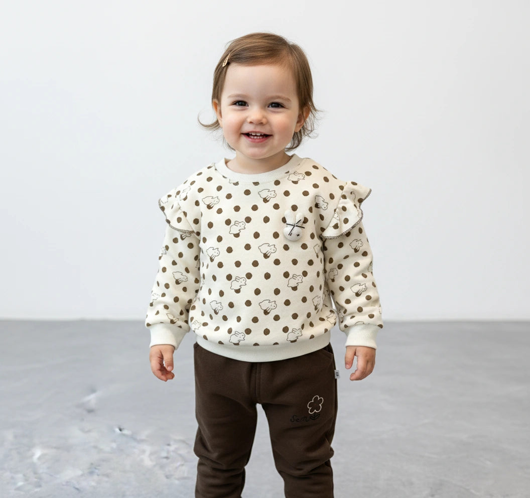 Designer Polka Dot Comfort: Ruffle Sweatshirt & Mocha Jogger Set