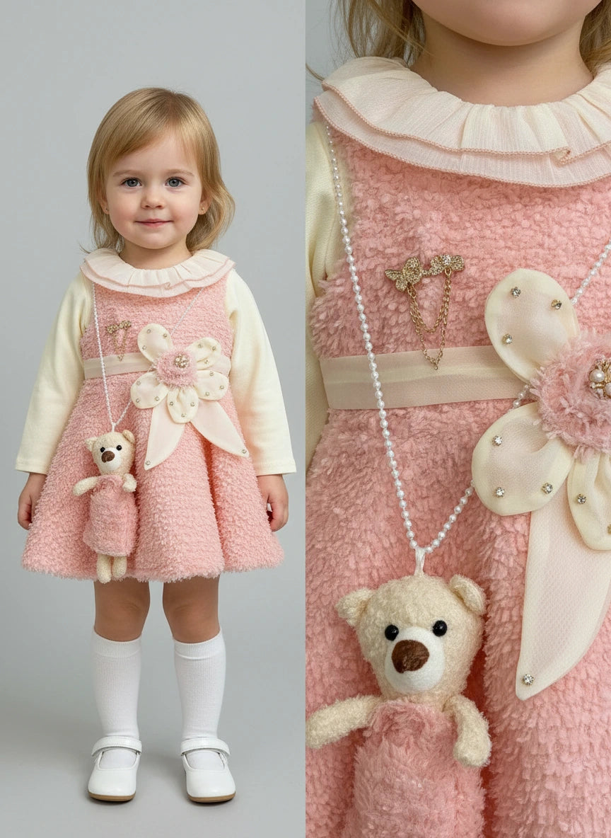 Designer Teddy Chic: Bouclé Dress, Blouse & Legging Trio Set