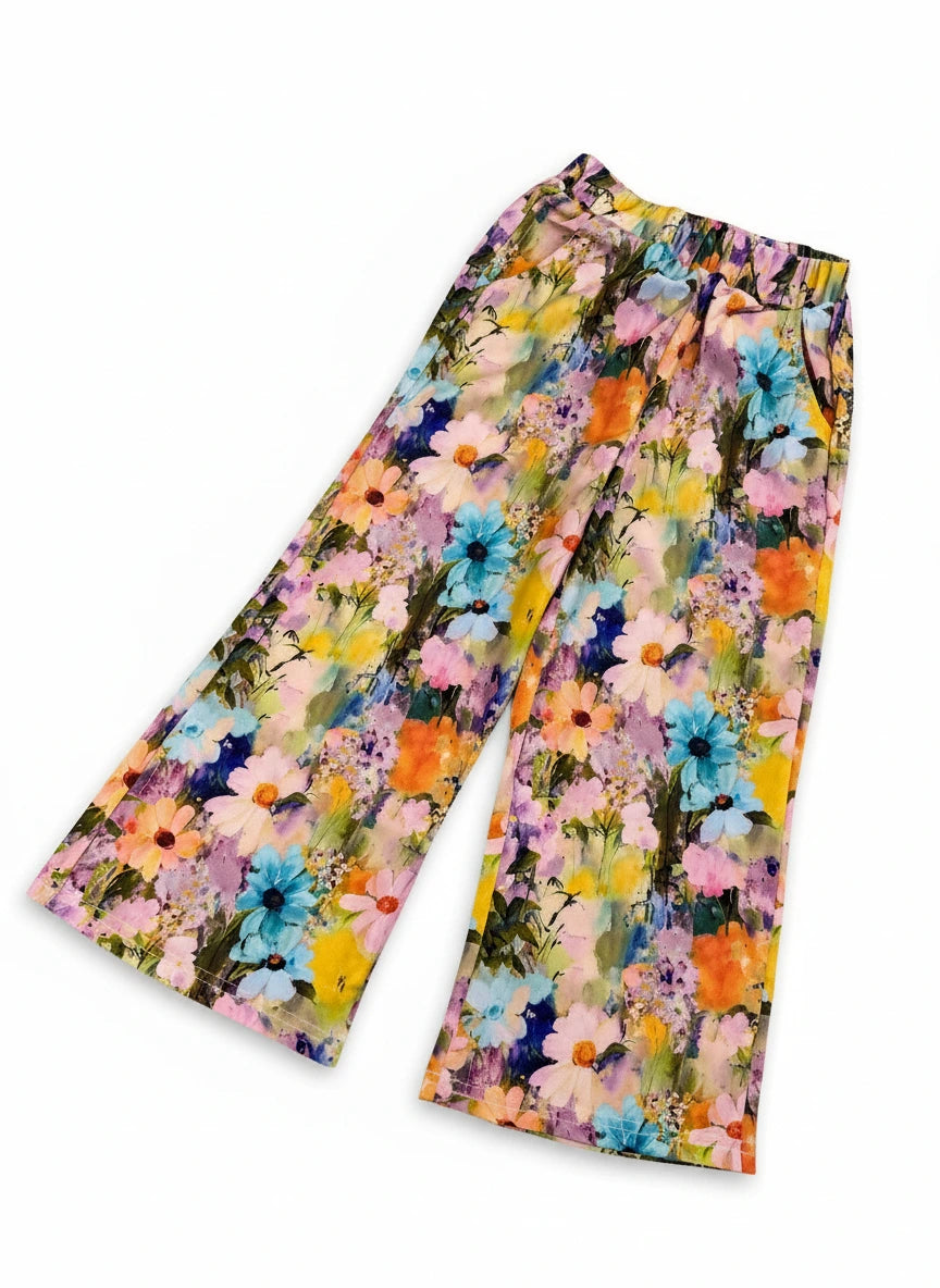 Girl's Bloom Set - Graphic Top & Flowing Silk Floral Pants