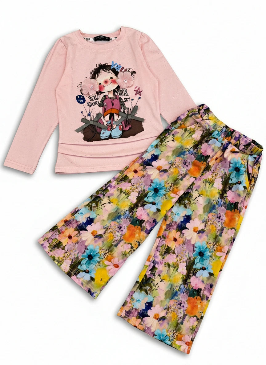 Girl's Bloom Set - Graphic Top & Flowing Silk Floral Pants