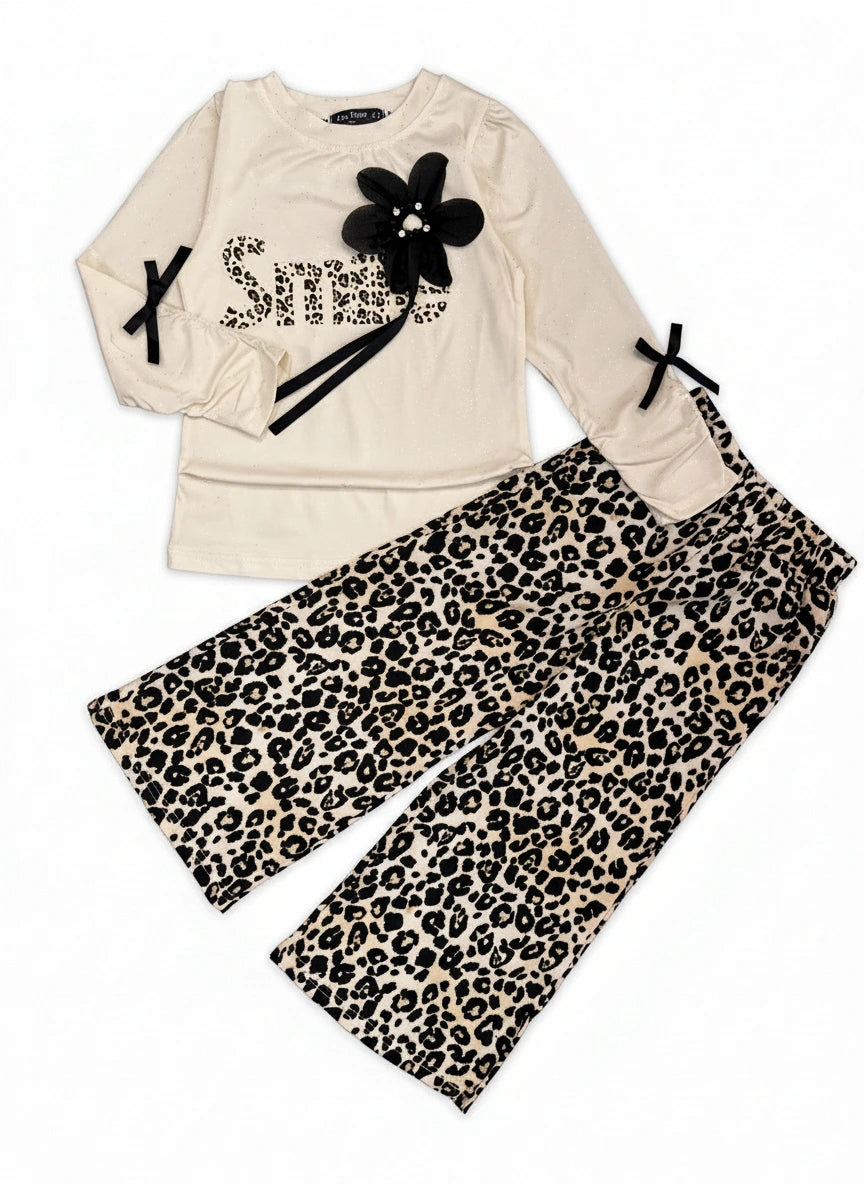Girl's Chic Leopard Print Two-Piece Set - Jersey Top & Flowing Silk Pants