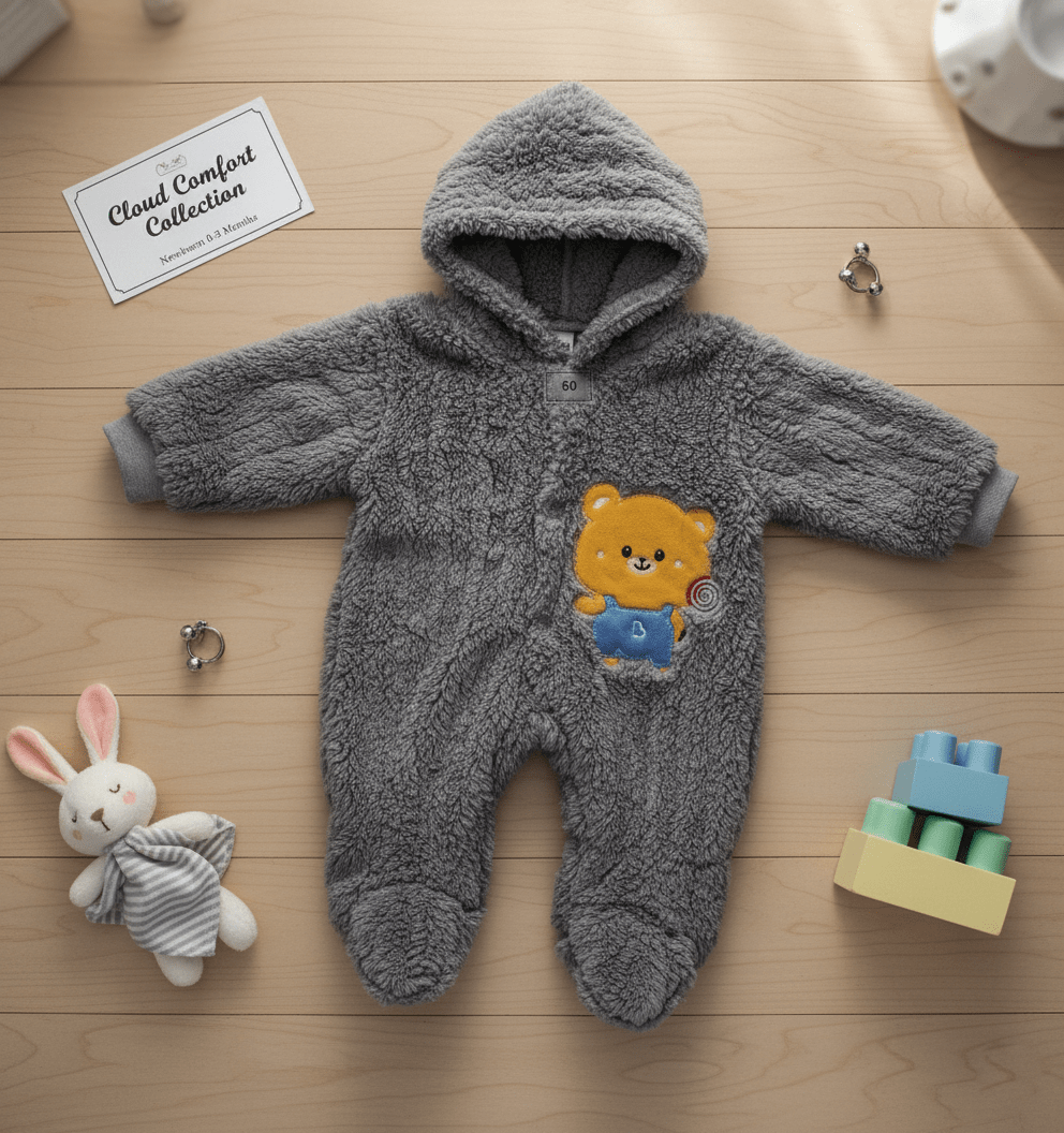 Graphic Grey Imported Fleece Baby Romper with Hood