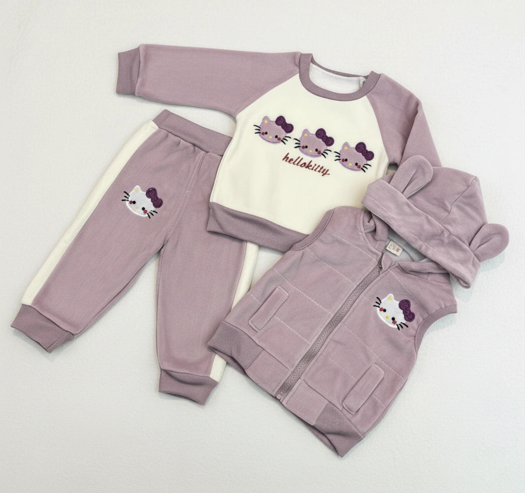 Premium Velvet Three-Piece Baby Outfit Set - Lilac & Ivory