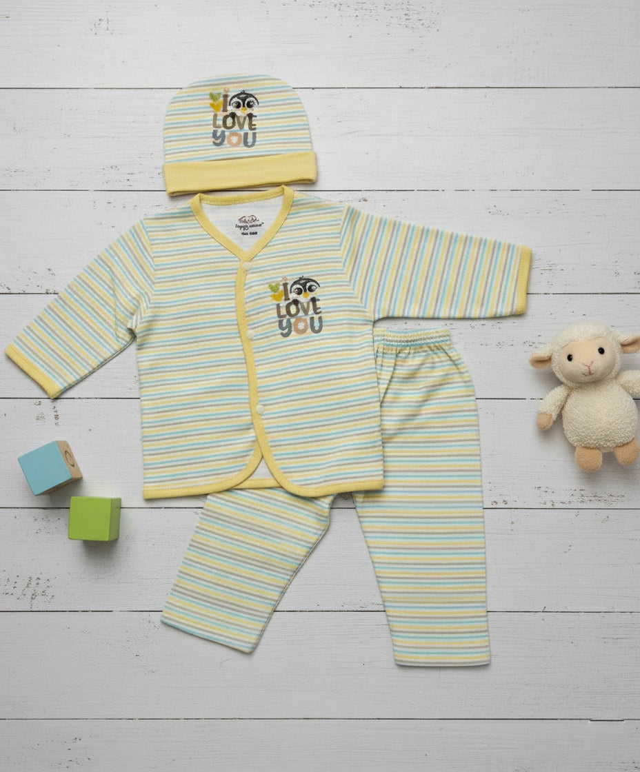 "I Love You" Print Imported Cotton Light Green Striped and Yellow Trim Baby Outfit Set