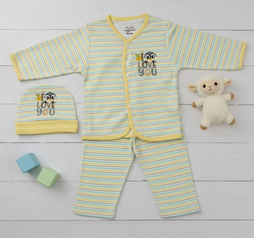 "I Love You" Print Imported Cotton Light Green Striped and Yellow Trim Baby Outfit Set