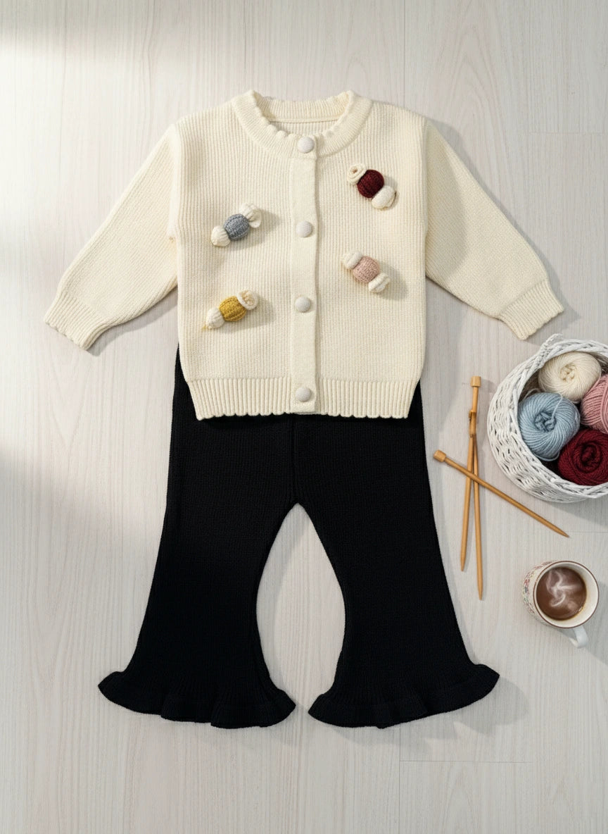 2-Piece Imported Knit Cardigan & Ruffle Bell Bottoms Set for Girls