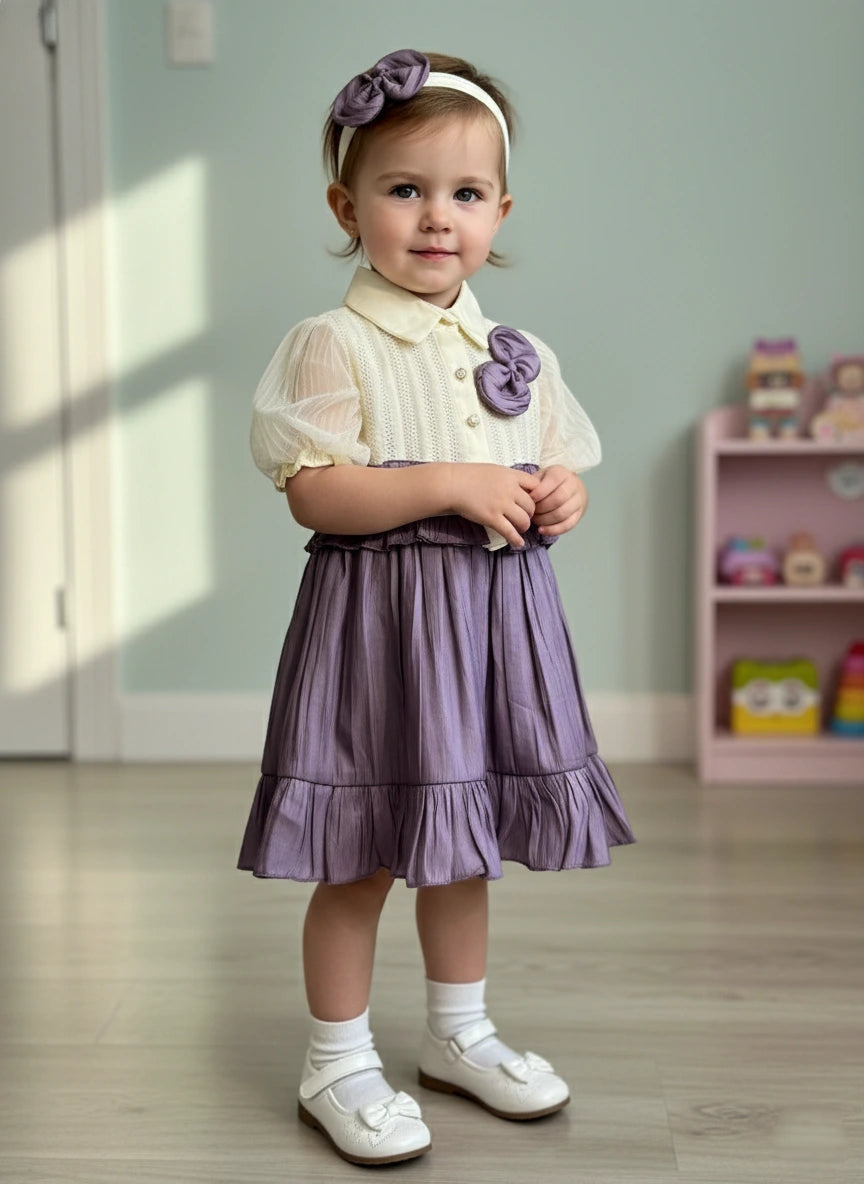 Luxury Lavender Ruffle: Bow Dress, Headband & Legging Trio Set