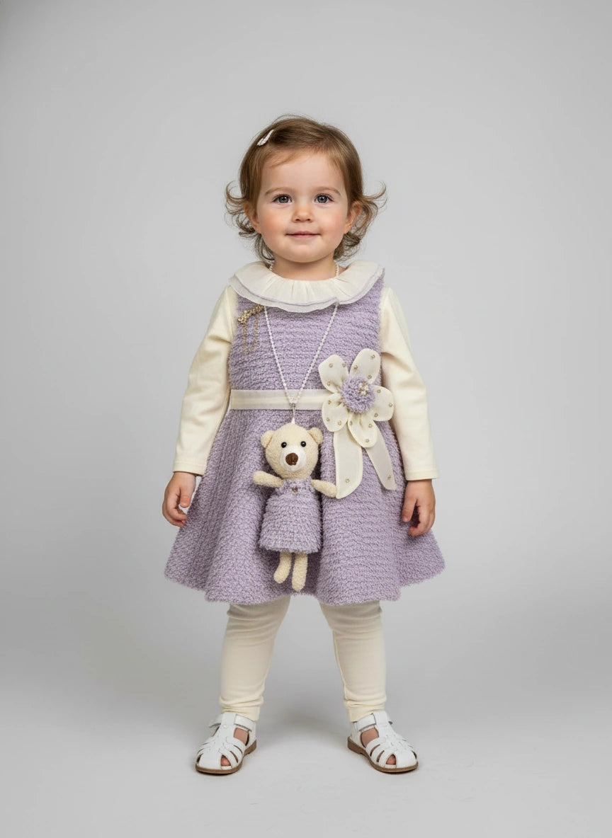 Luxury Lavender Teddy: Bouclé Dress, Blouse & Legging Trio Set