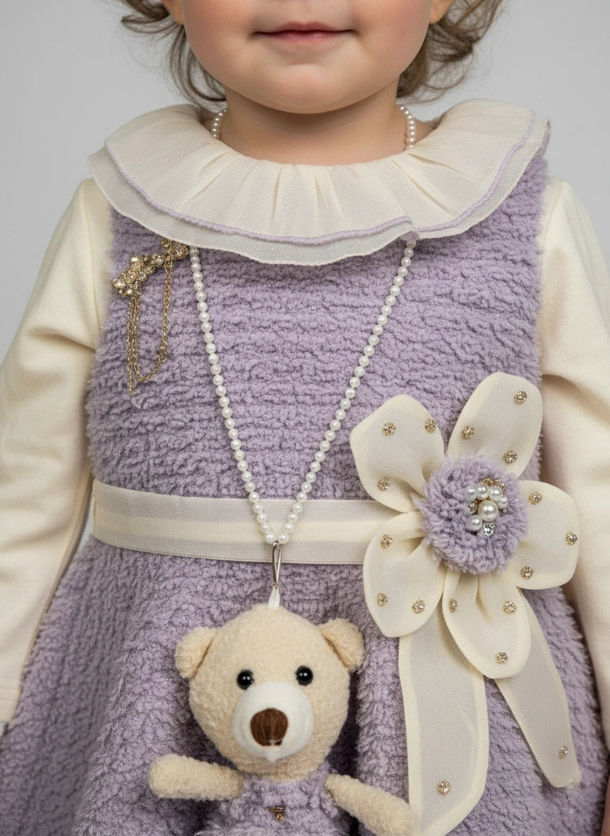 Luxury Lavender Teddy: Bouclé Dress, Blouse & Legging Trio Set
