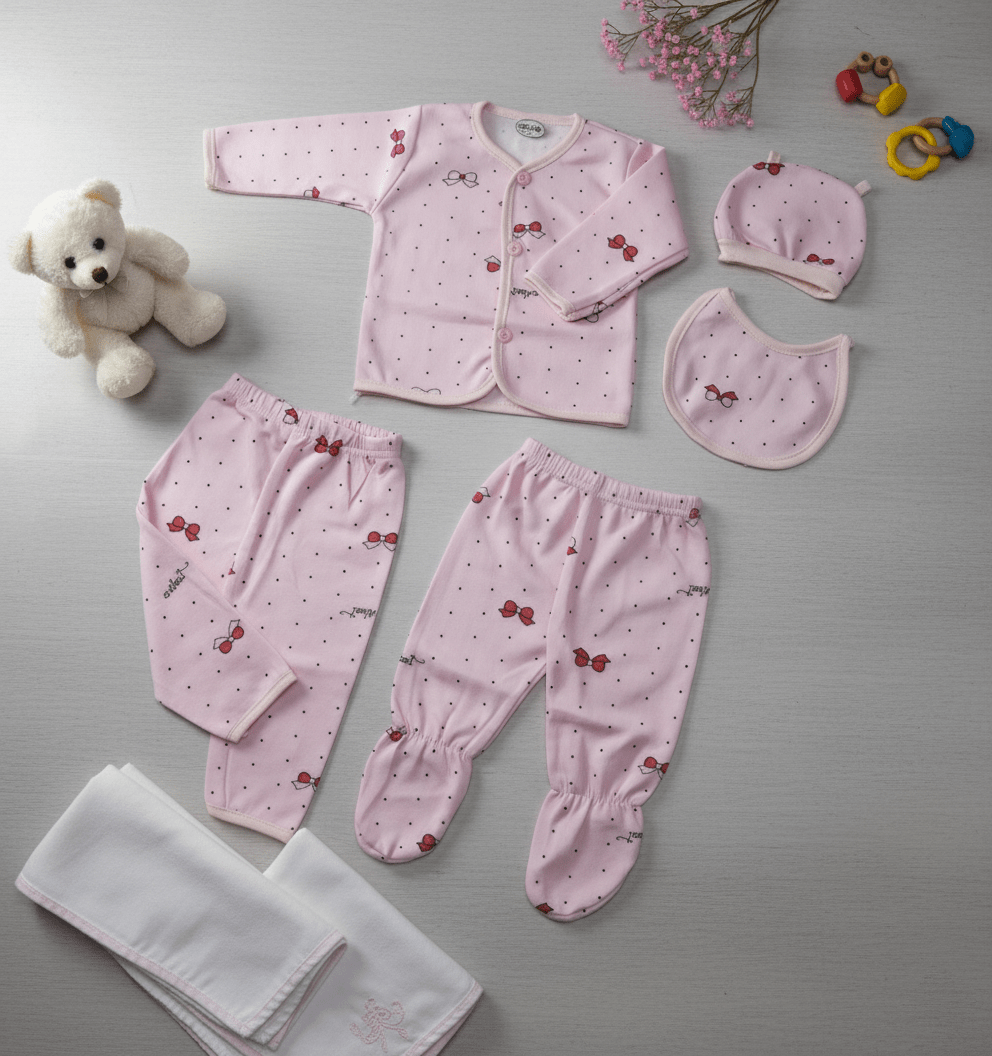 5 Pieces Pink Polka Dot Baby Set - Ultra Soft and Breathable Cotton