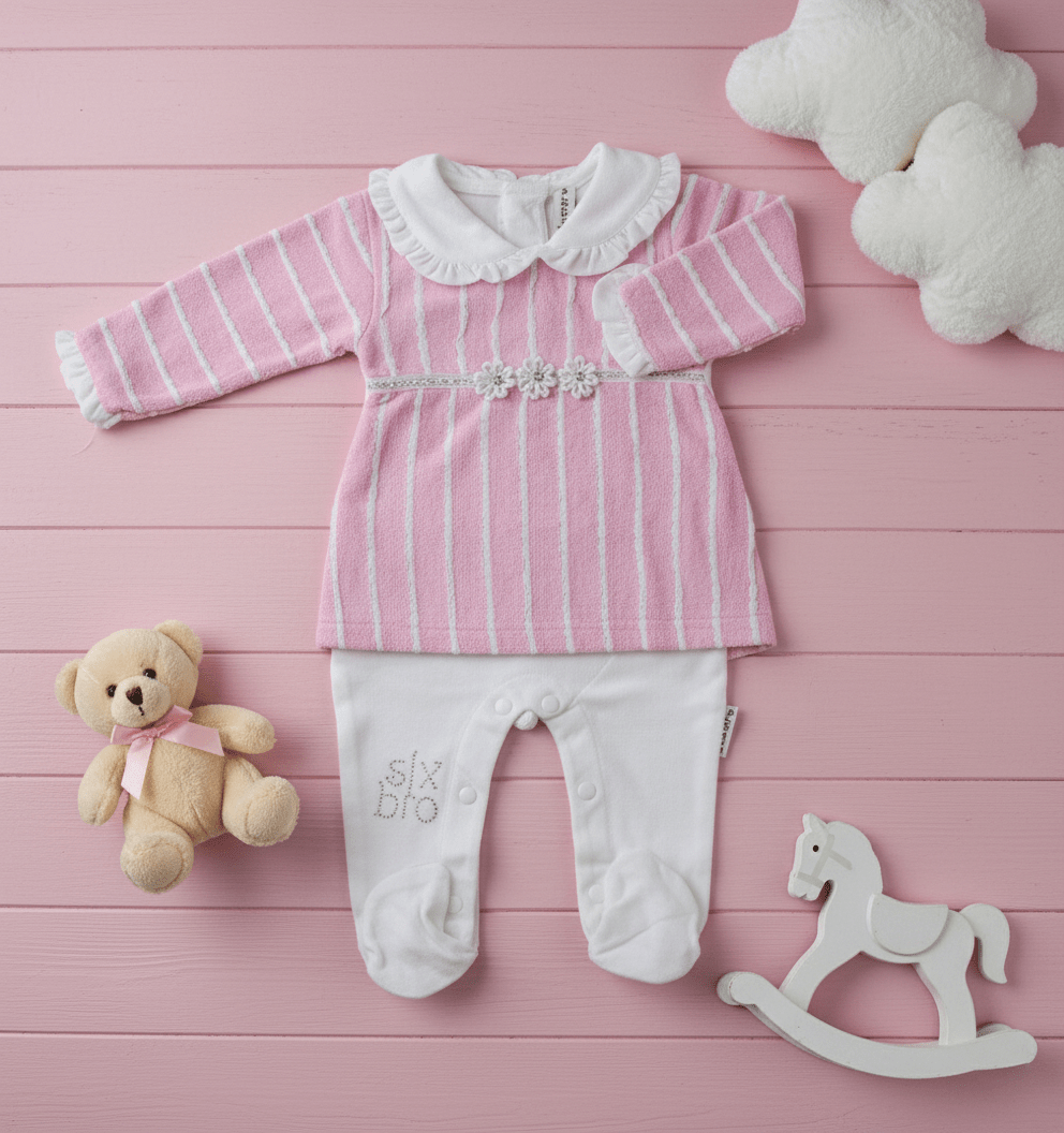 Pink & White Striped Soft Terry Cloth Baby Romper Set
