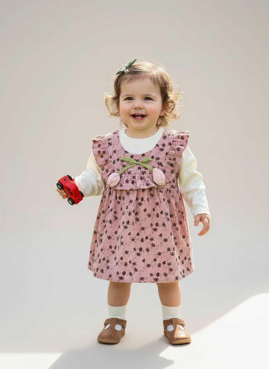 Imported Two-in-One Corduroy Frock with Ruffled Bib