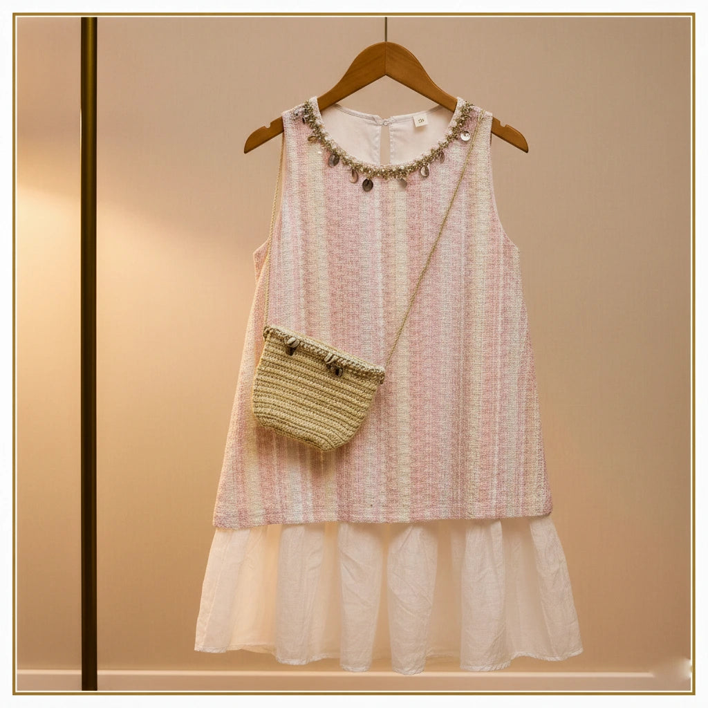 Boho-Chic Pink Striped Tunic with Straw Crossbody Bag