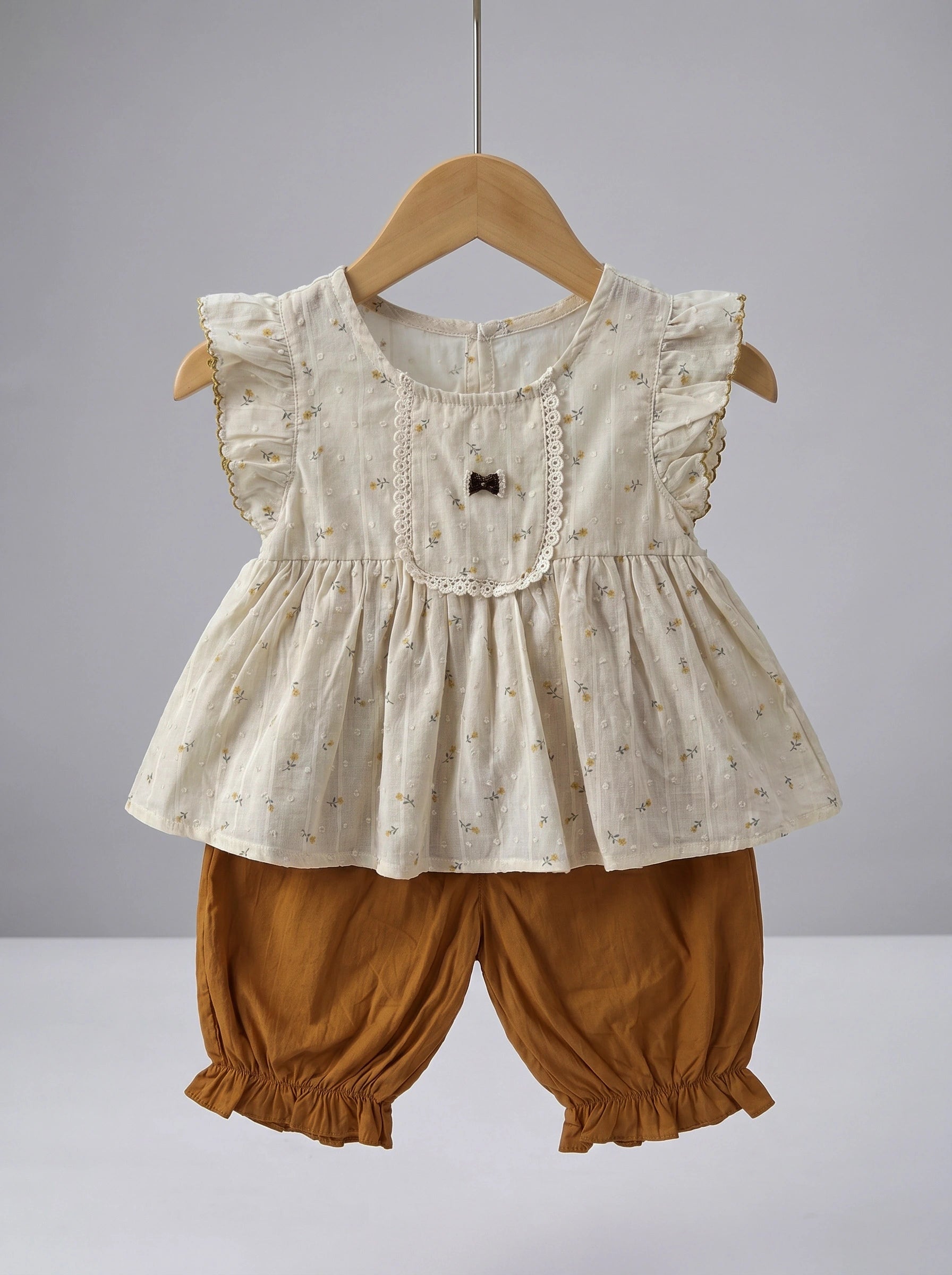 Premium Floral Swiss-Dot Blouse & Toffee Bloomers Set
