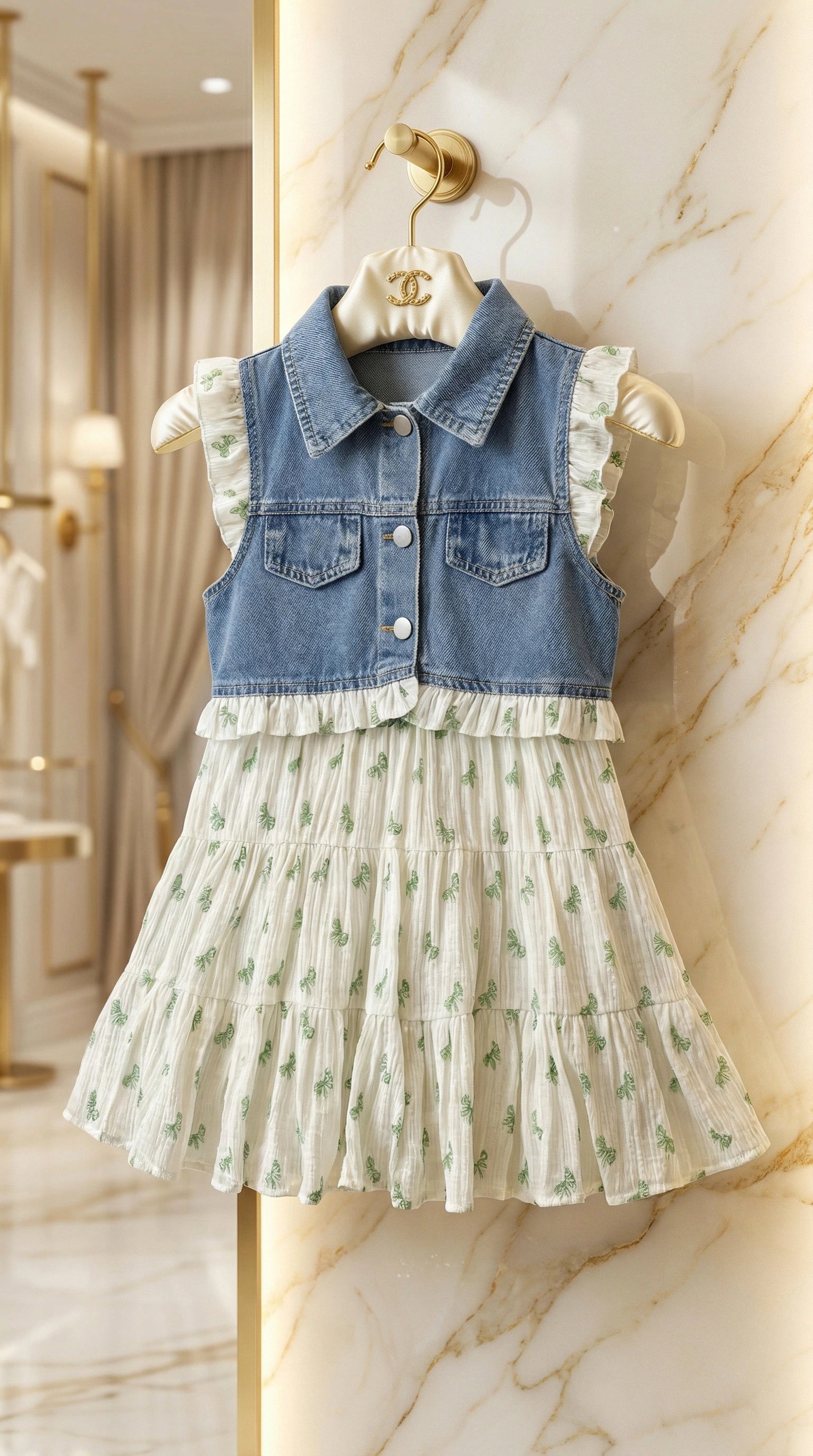 Denim Vest & Green Bow-Print Tiered Dress Set