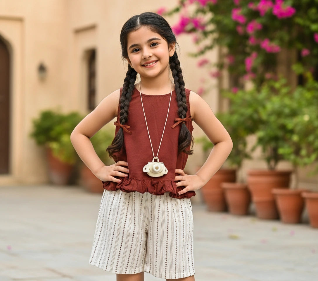 Imported Terracotta Ruffle Top & Striped Shorts Set