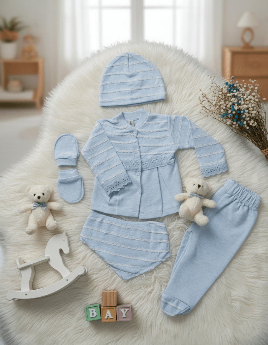 5 Pieces Sky Blue Premium Cotton new born Outfit Set